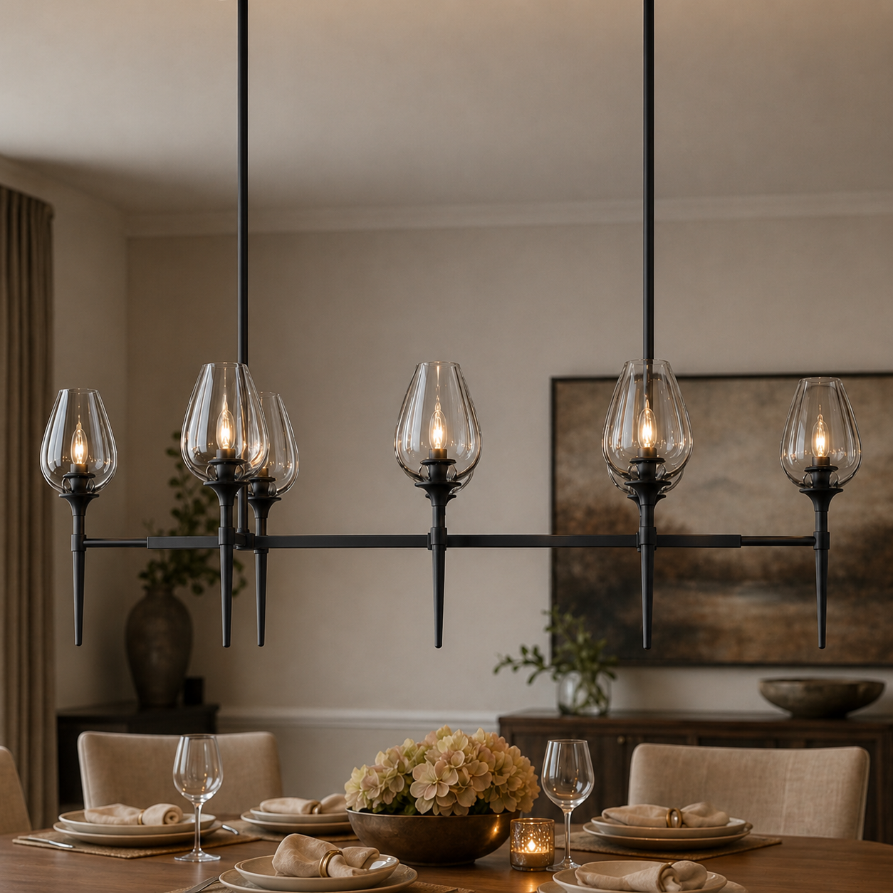 Tulipa Linear Crystal Chandelier in Bronze, 52", Main Light On