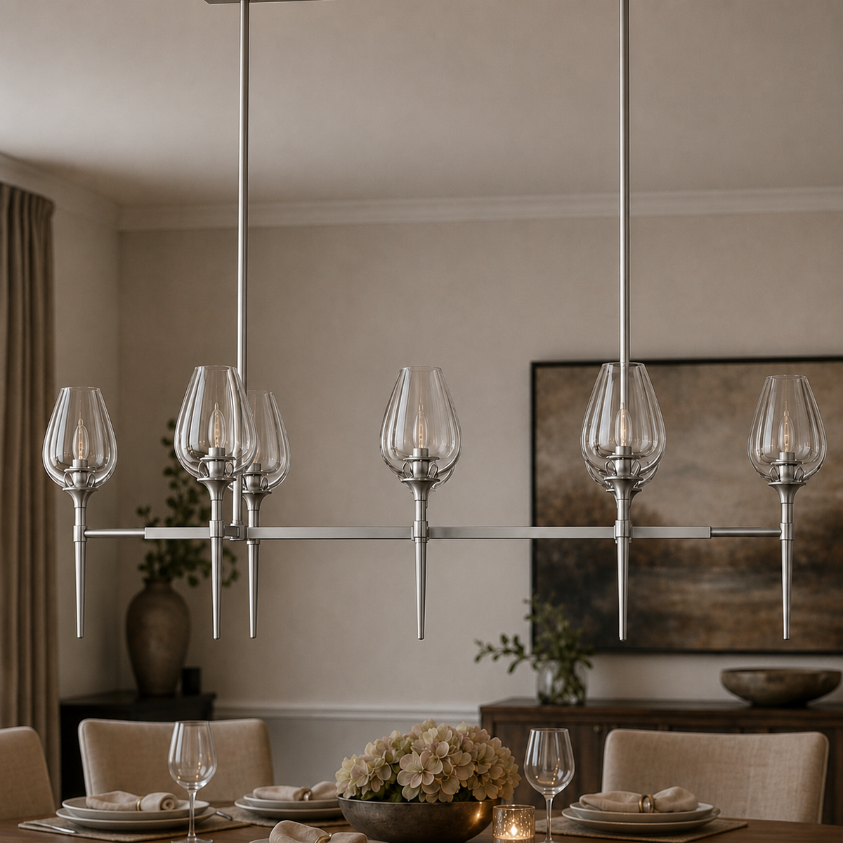 Tulipa Linear Crystal Chandelier in Nickel, 52", Main Light Off