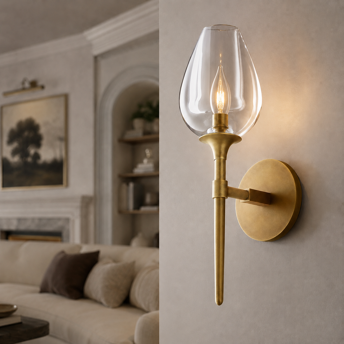 Tulipa Linear Crystal Wall Lighting in Brass, 16", Main Light On
