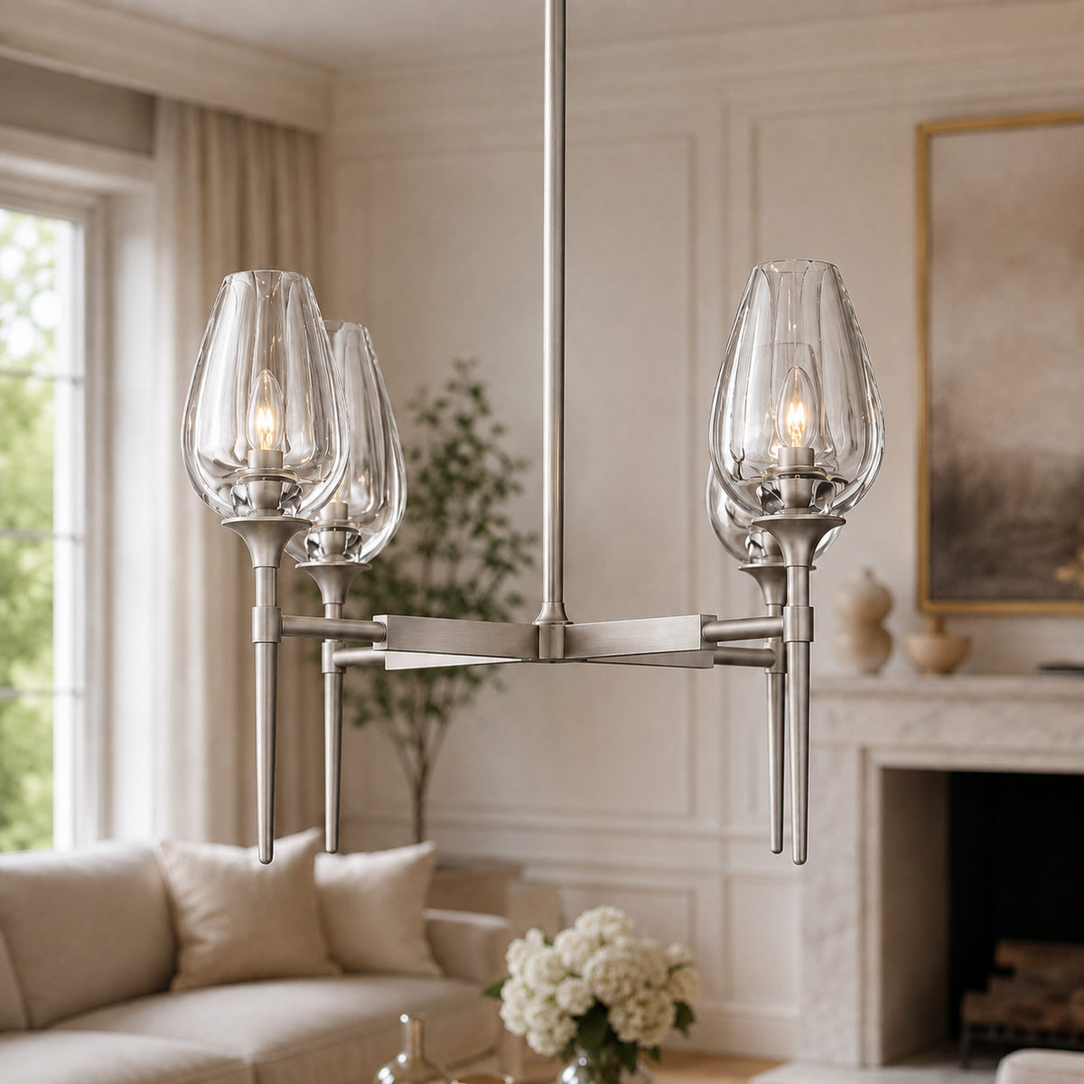 Tulipa Round Tulip Crystal Chandelier, 27-inch nickel contemporary crystal chandelier for dining room, bedroom, small foyer, and modern interior
