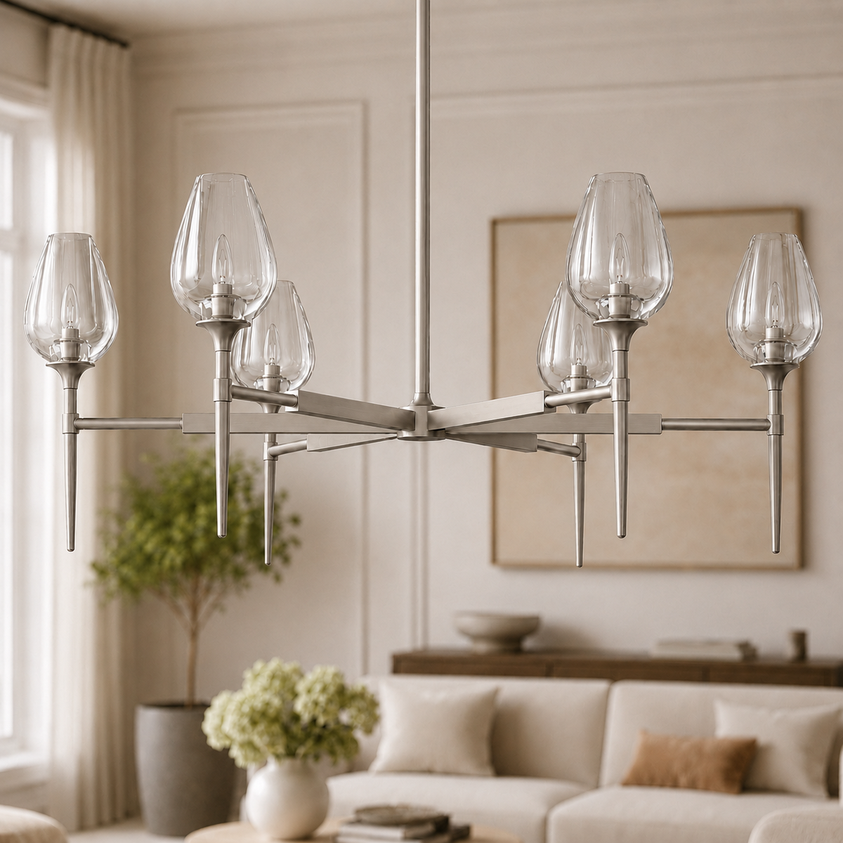 Tulipa Round Crystal Chandelier in Nickel, 42", Main Light Off