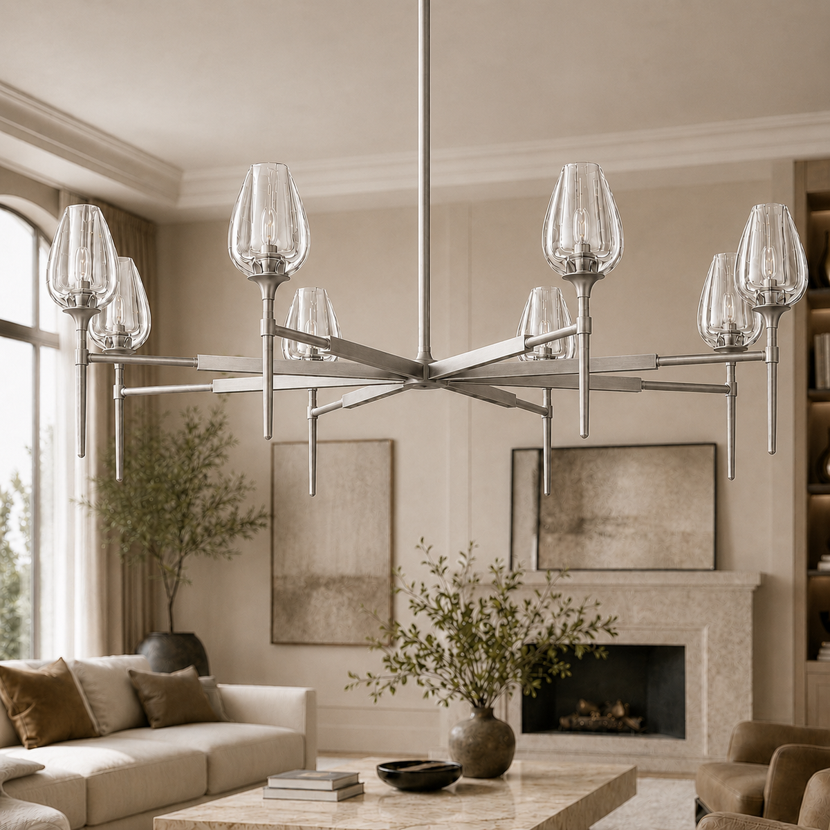 Tulipa Round Crystal Chandelier in Nickel, 54", Main Light Off